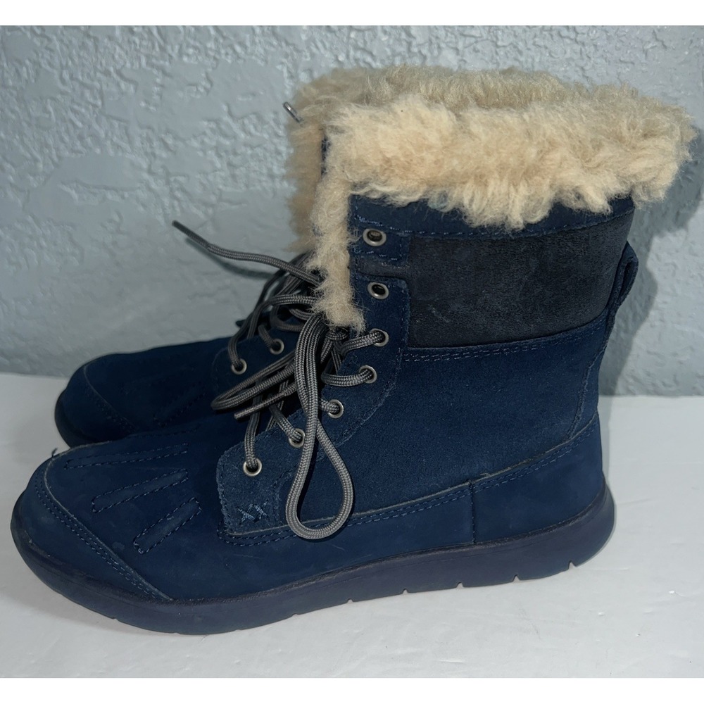 UGG AUSTRALIA Baxter Indigo Navy Blue Suede Lace Up Winter Boots Boys Girls Sz 2